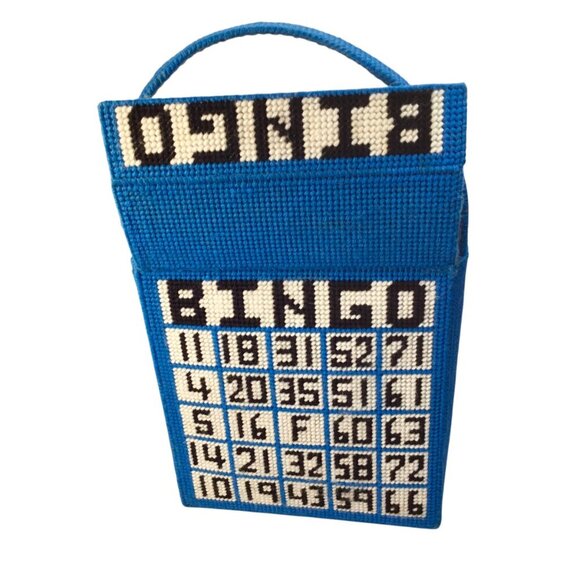 Vintage Needlepoint Bingo Game Bag Purse Tote Grannycore Double Side Grandma - Picture 8 of 14